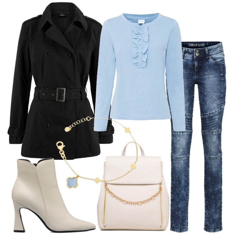 Outfit donna - Stivaletti e jeans. Stile Casual per Tutti i giorni. Abbinamento con trench, maglieria, jeans skinny, stivaletti, zaini, braccialetti.