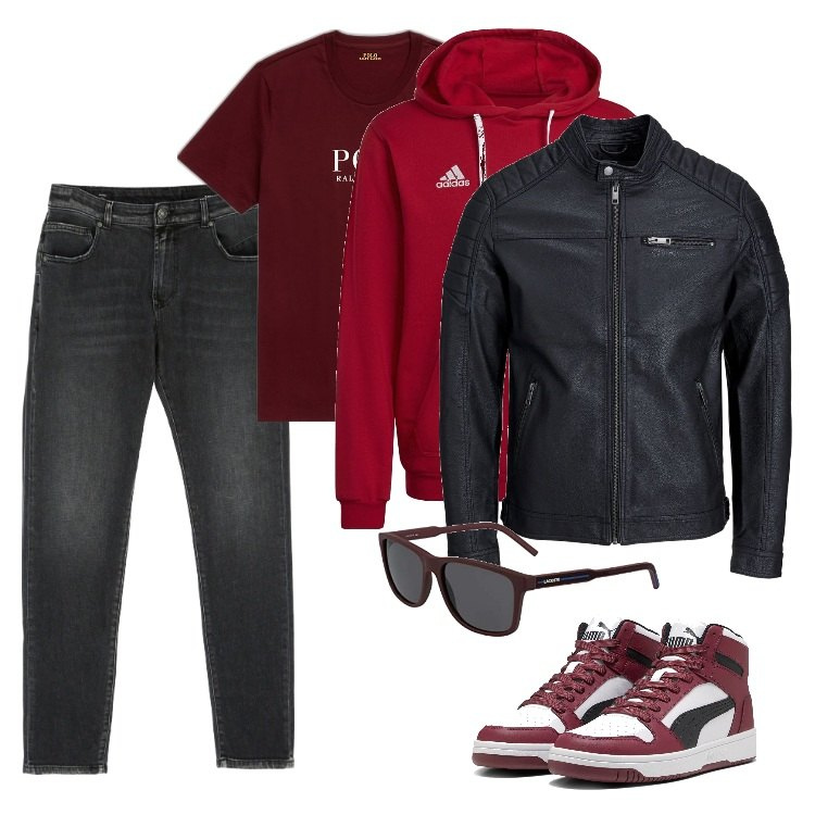 Outfit uomo - Total look #1738332. Stile Biker Rock per Tutti i giorni. Abbinamento con jeans, t-shirt, cappotti, sneakers alte, felpe con cappuccio, occhiali da sole.