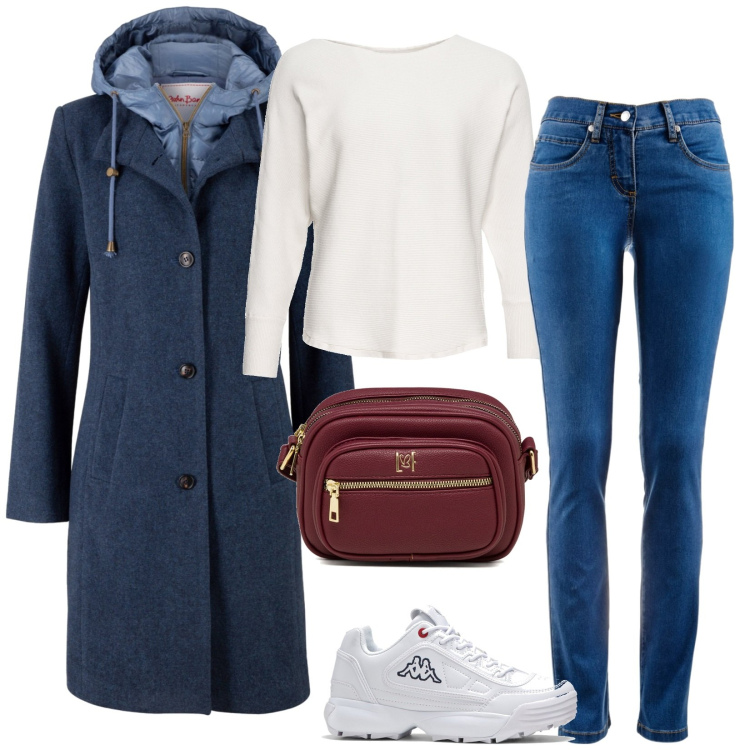 Outfit donna - Total Look casual. Stile Casual per Tutti i giorni. Abbinamento con cappotti, jeans dritti, maglieria, sneakers, borse a tracolla.