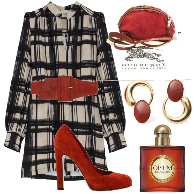 Outfit donna - Quadri. Stile Bon Ton per Tutti i giorni. Abbinamento con cinture, décolleté, borse a spalla, profumi, vestiti corti, orecchini.