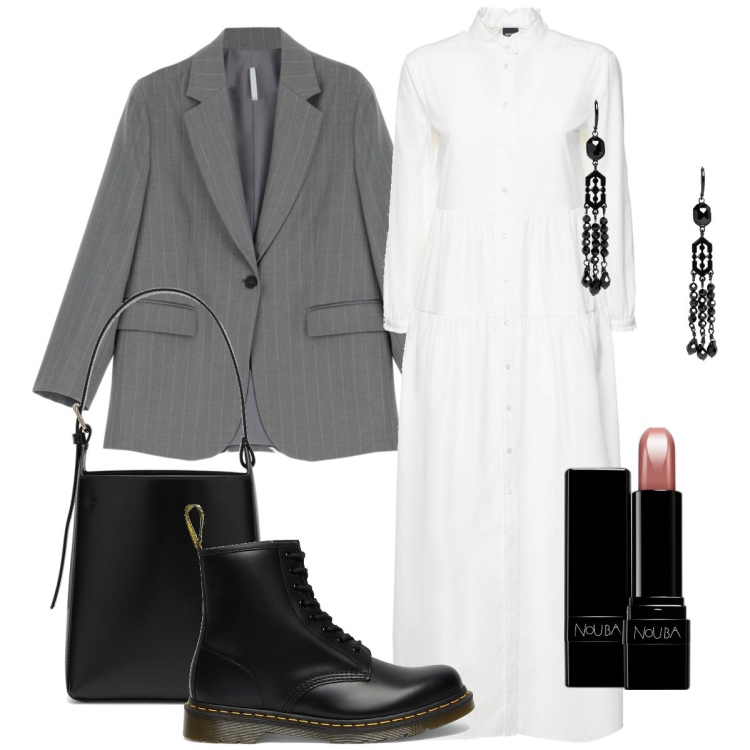 Outfit donna - Domani riunione. Stile Chic per Ufficio. Abbinamento con rossetti, giacche, orecchini, stivali sopra il ginocchio, vestiti, borse a tracolla.