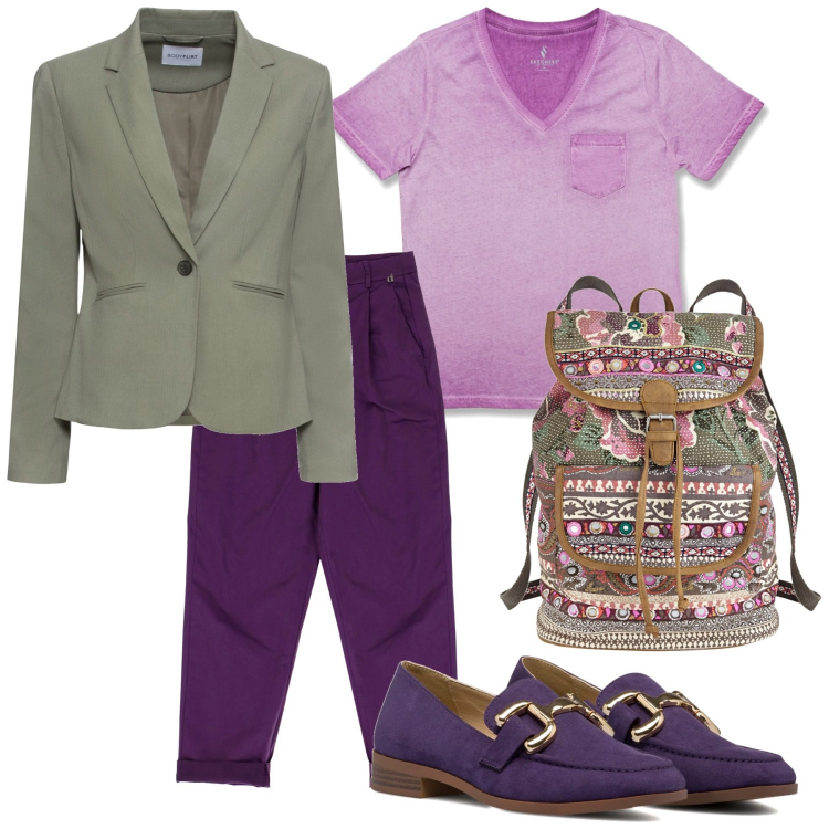 Outfit donna - Autunno in giacca. Stile Casual chic per Scuola/Università. Abbinamento con blazer, zaini, pantaloni, mocassini, t-shirt.