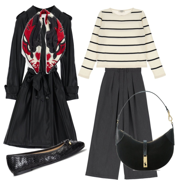 Outfit donna - Parigi: cena sulla Tour Eiffel. Stile Minimal per Serata fuori. Abbinamento con borse a spalla, sciarpe, ballerine, pantaloni a palazzo, maglieria, trench.