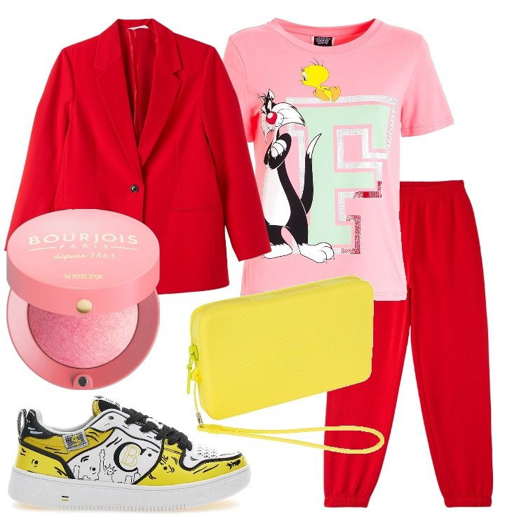 Outfit donna - Love is Love. Stile Trendy per Tutti i giorni. Abbinamento con blush, pantaloni, blazer, t-shirt, sneakers, portafogli.