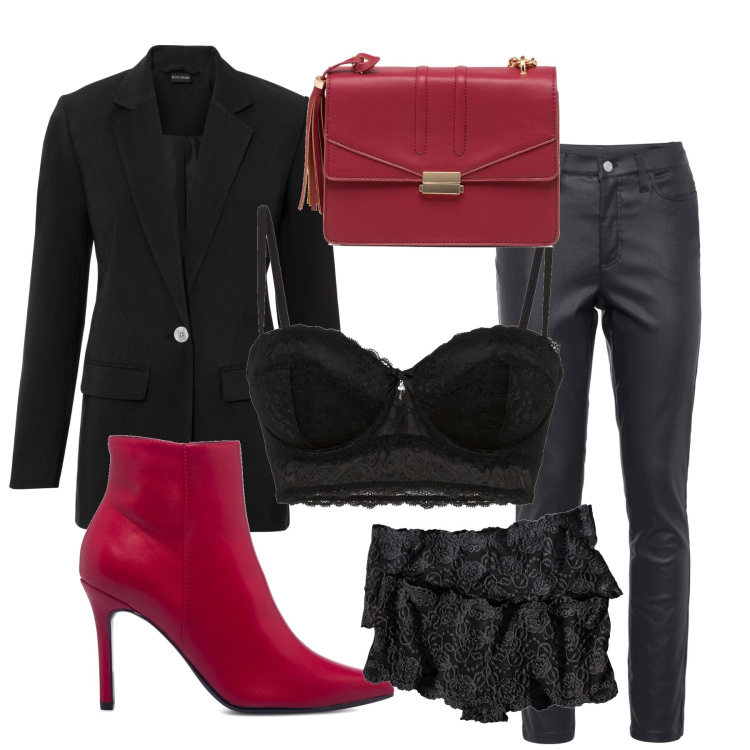 Outfit donna - Seducente in pizzo. Stile Sexy per Serata fuori. Abbinamento con culotte, reggiseni a balconcino, pantaloni skinny, blazer, stivaletti, borse a tracolla.