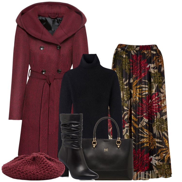 Outfit donna - La gonna fantasia. Stile Vintage retrò per Tutti i giorni. Abbinamento con cappotti, gonne lunghe, maglieria, cappelli e berretti, stivali sopra il ginocchio, borse a mano.