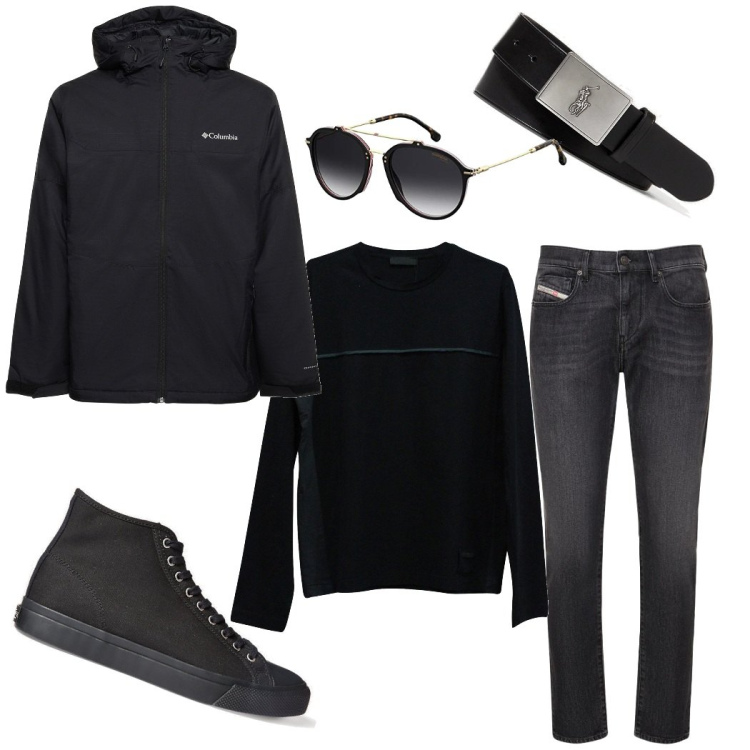 Outfit uomo - Total look #1738431. Stile Casual per Tutti i giorni. Abbinamento con pullovers, sneakers, cinture, occhiali da sole, jeans slim fit, piumini.