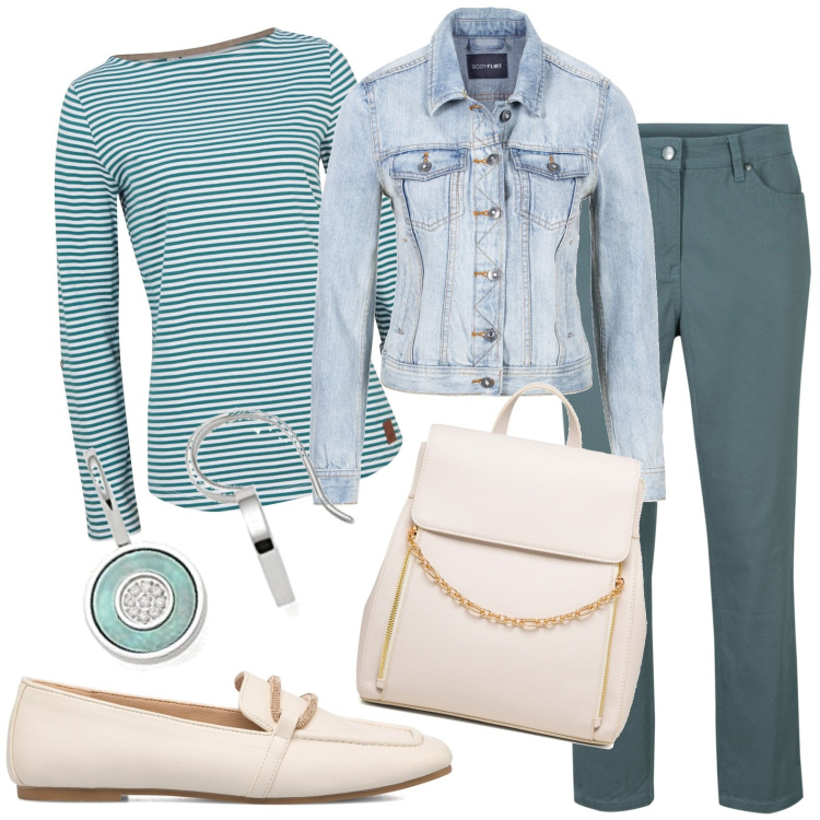 Outfit donna - Al lavoro. Stile Casual per Ufficio. Abbinamento con pantaloni, maglieria, giacche sportive, mocassini, zaini, orecchini.
