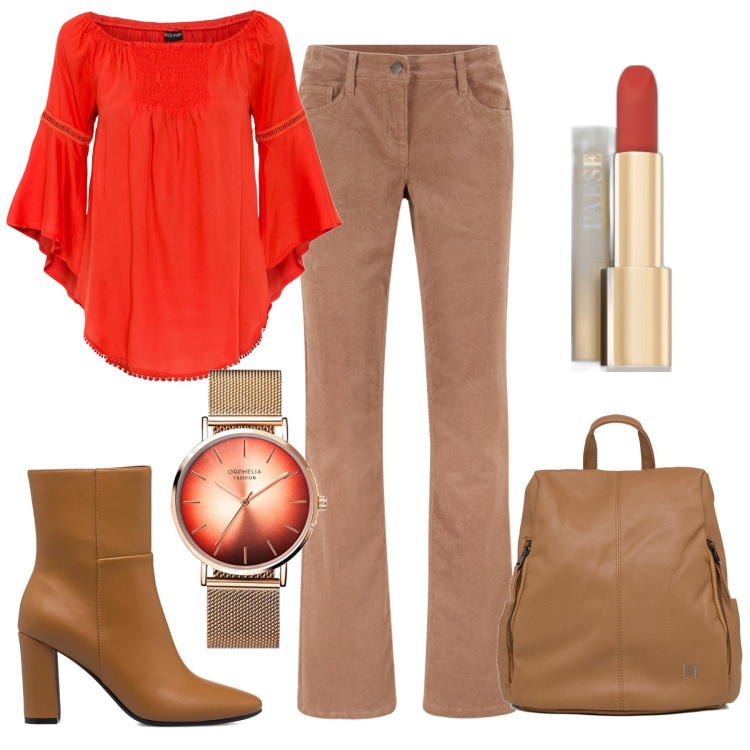 Outfit donna - Total look #1738439. Stile Casual per Tutti i giorni. Abbinamento con pantaloni, bluse, rossetti, zaini, stivaletti, orologi analogici.
