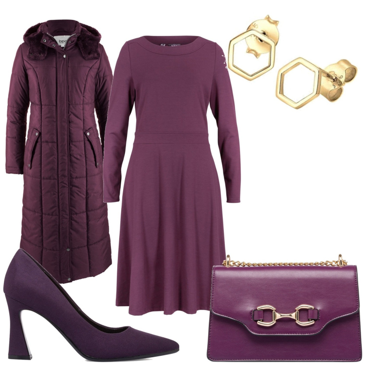 Outfit donna - Elegante in viola scuro. Stile Glamour per Serata fuori. Abbinamento con blazer, vestiti midi/longuette, borse a tracolla, décolleté, orecchini.