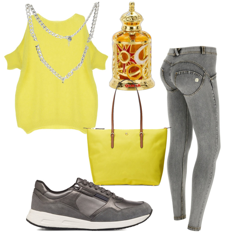 Outfit donna - Total look #1738446. Stile Casual chic per Tutti i giorni. Abbinamento con profumi, pullovers, pantaloni skinny, collane, borse tote, sneakers.