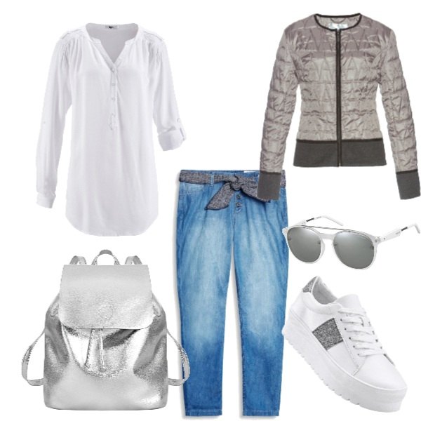 Outfit donna - Casual in grey. Stile Urban per Tutti i giorni. Abbinamento con tuniche, giacca, sneakers, zaino effetto metallizzato argento, occhiali da sole, jeans in denim blu.