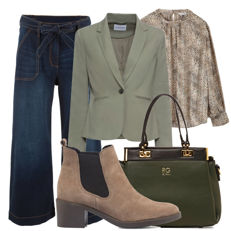 Outfit donna - Living in to the jungle. Stile Urban per Ufficio. Abbinamento con blazer, jeans, bluse, borse a spalla, stivaletti.