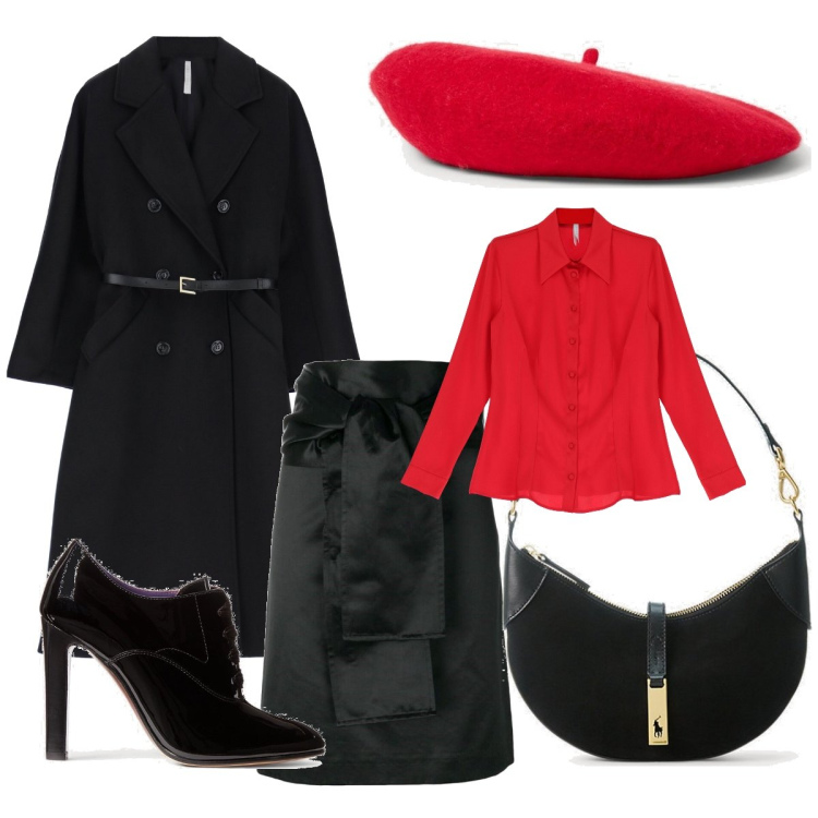 Outfit donna - Paris e l’amour. Stile Chic per Serata fuori. Abbinamento con minigonne, cappotti, camicie, borse a spalla, décolleté, berretti.