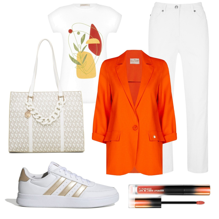 Outfit donna - Un pranzo informale. Stile Casual chic per Tutti i giorni. Abbinamento con pantaloni, rossetti, t-shirt, blazer, sneakers, borse a spalla.