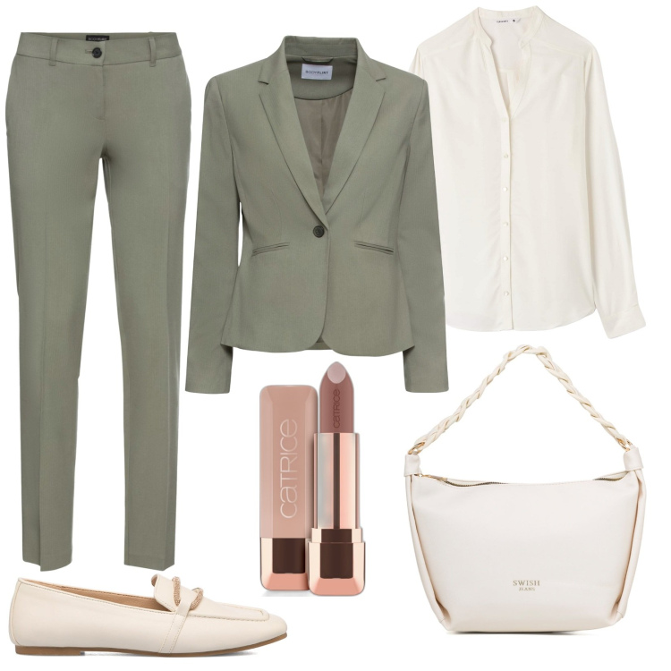 Outfit donna - Pranzo post lavoro. Stile Basic per Ufficio. Abbinamento con blazer, pantaloni, rossetti, camicie, mocassini, borse a mano.