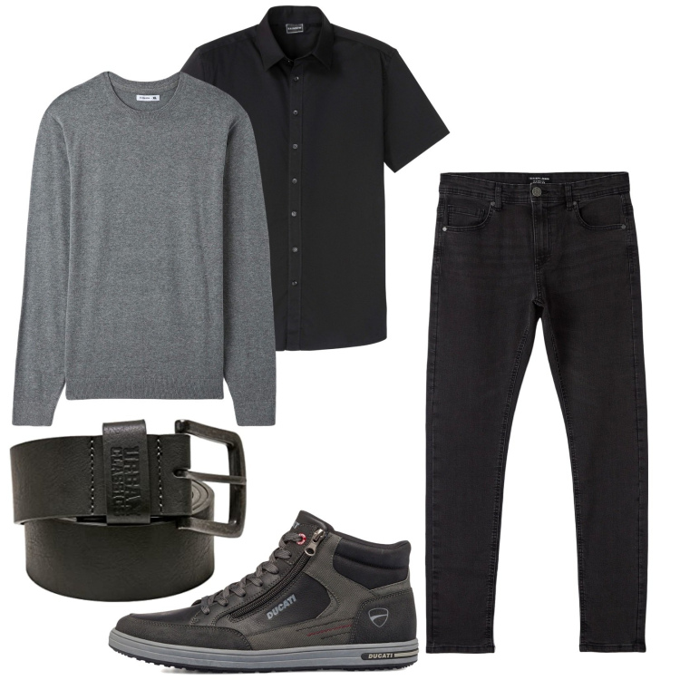 Outfit uomo - Casual. Stile Casual per Tutti i giorni. Abbinamento con camicie a manica corta, maglieria, jeans skinny, sneakers alte, cinture.