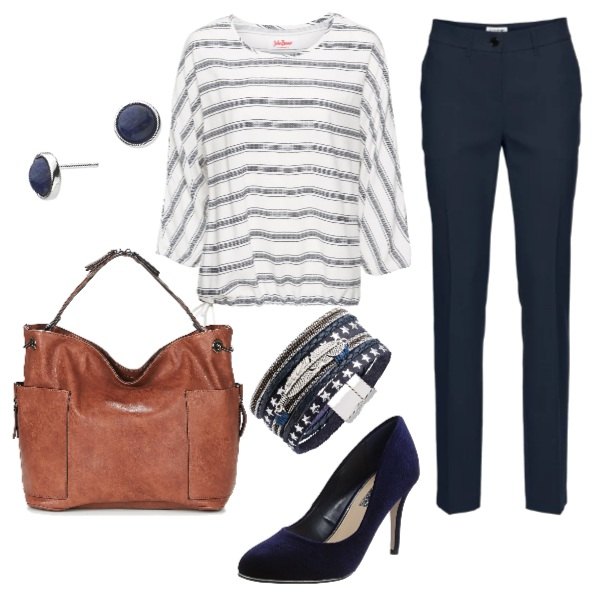 Outfit donna - Basic #15775. Stile Basic per Ufficio. Abbinamento con pantaloni, tunica fantasia con scollo e coulisse bianco, felpe con cappuccio, borsa marrone, scarpe col tacco navy, orecchini a perno farfallina effetto lucido argento.