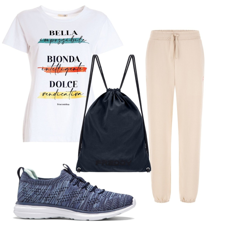 Outfit donna - Total look #1738517. Stile Basic per Sport. Abbinamento con sneakers, t-shirt, zaini, pantaloni.