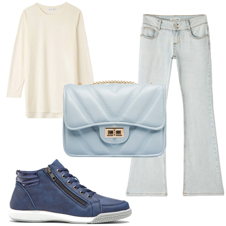 Outfit donna - Total look #1738522. Stile Basic per Scuola/Università. Abbinamento con sneakers alte, jeans a zampa, t-shirt, borse a tracolla.