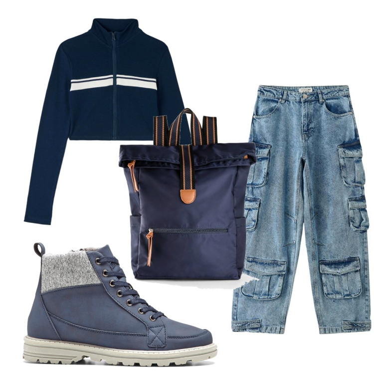 Outfit donna - Total look #1738533. Stile Urban per Tutti i giorni. Abbinamento con stivaletti, zaini, jeans, t-shirt.