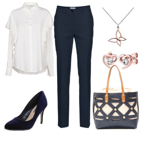 Outfit donna - Basic #15777. Stile Basic per Ufficio. Abbinamento con pantaloni, camicia senza tasche con ruches collo classico a maniche lunghe tinta unita, borsa a tracolla con coulisse in pelle sintetica, scarpe col tacco navy, collana in argento 925, orecchini in oro rosa certificato autenticità.