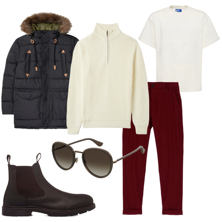 Outfit uomo - Il fine settimana in giro. Stile Urban per Tutti i giorni. Abbinamento con giacche, maglieria, pantaloni, stivali e stivaletti, occhiali da sole, t-shirt.