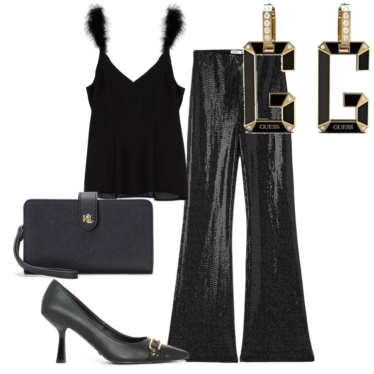 Outfit donna - Pant lamè. Stile Trendy per Serata fuori. Abbinamento con canottiere, leggings, décolleté, pochette, orecchini.