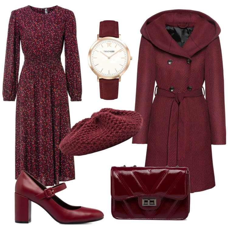 Outfit donna - Total look #1738626. Stile Glamour per Serata fuori. Abbinamento con cappotti, vestiti midi/longuette, cappelli e berretti, borse a tracolla, décolleté, orologi.