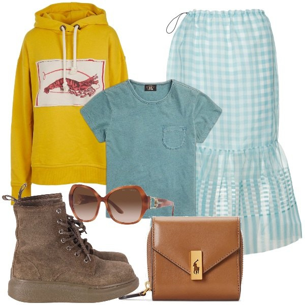Outfit donna - Total look #1738633. Stile Trendy Abbinamento con anfibi, t-shirt, occhiali da sole, portafogli, gonne, felpe.
