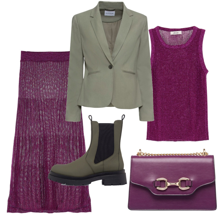 Outfit donna - Salvia e ciclamino. Stile Casual chic per Ufficio. Abbinamento con blazer, stivaletti, borse a tracolla, top, gonne longuette.