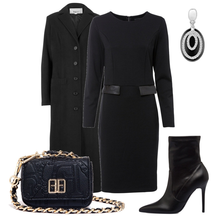 Outfit donna - Il tubino nero passepartout. Stile Chic per Tutti i giorni. Abbinamento con cappotti, vestiti, marsupi, stivaletti, orecchini.