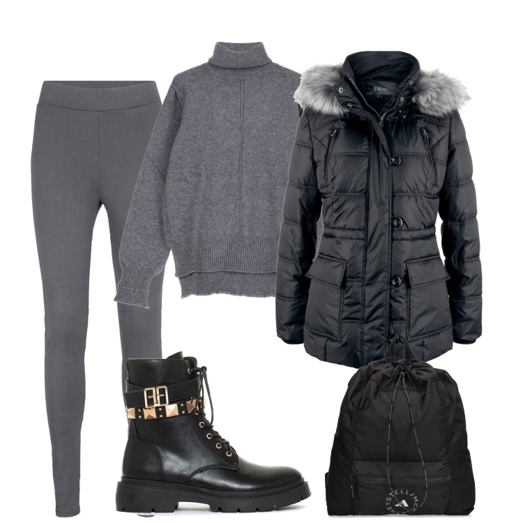 Outfit donna - A piedi in città. Stile Basic per Tutti i giorni. Abbinamento con giacche, leggings, anfibi, maglieria, zaini.