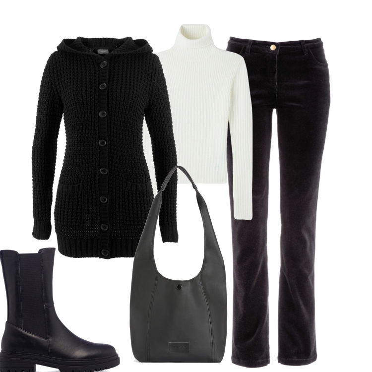 Outfit donna - Black and white. Stile Basic per Tutti i giorni. Abbinamento con pantaloni, cardigans, maglieria, borse a spalla, stivaletti.
