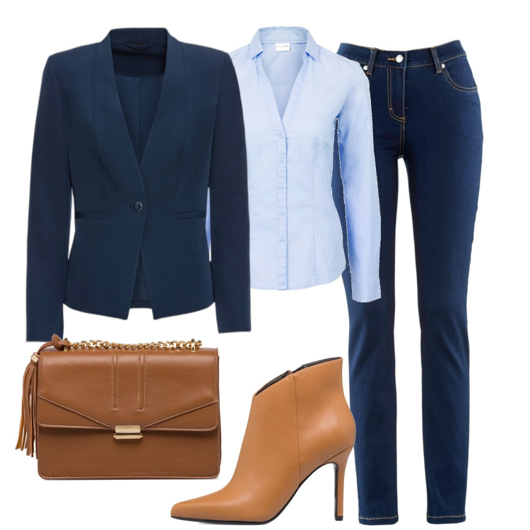 Outfit donna - Blu. Stile Casual chic per Tutti i giorni. Abbinamento con blazer, camicie, jeans dritti, stivaletti, borse a tracolla.