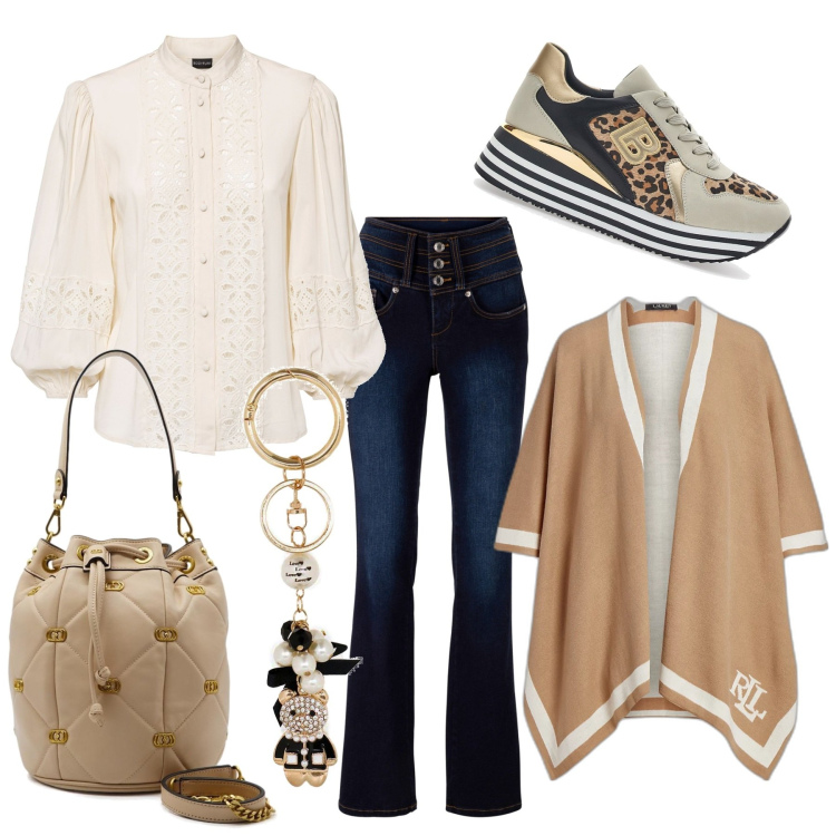 Outfit donna - Camicia romantica. Stile Romantica per Tutti i giorni. Abbinamento con camicie, jeans bootcut, cappe, sneakers, borse a spalla, portachiavi.