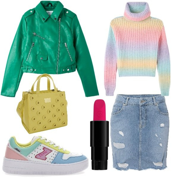 Outfit donna - Indossando l\'arcobaleno!. Stile Trendy per Tutti i giorni. Abbinamento con gonne, rossetti, maglieria, cappotti, sneakers, borse a mano.