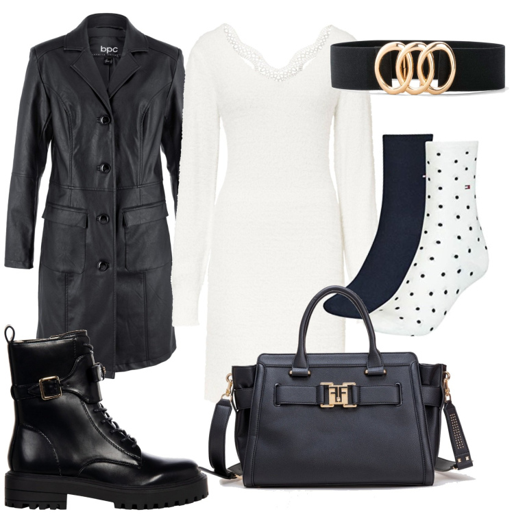 Outfit donna - In giro con le amiche. Stile Glamour per Tutti i giorni. Abbinamento con cinture, blazer, vestiti corti, anfibi, borse tote, calzini.