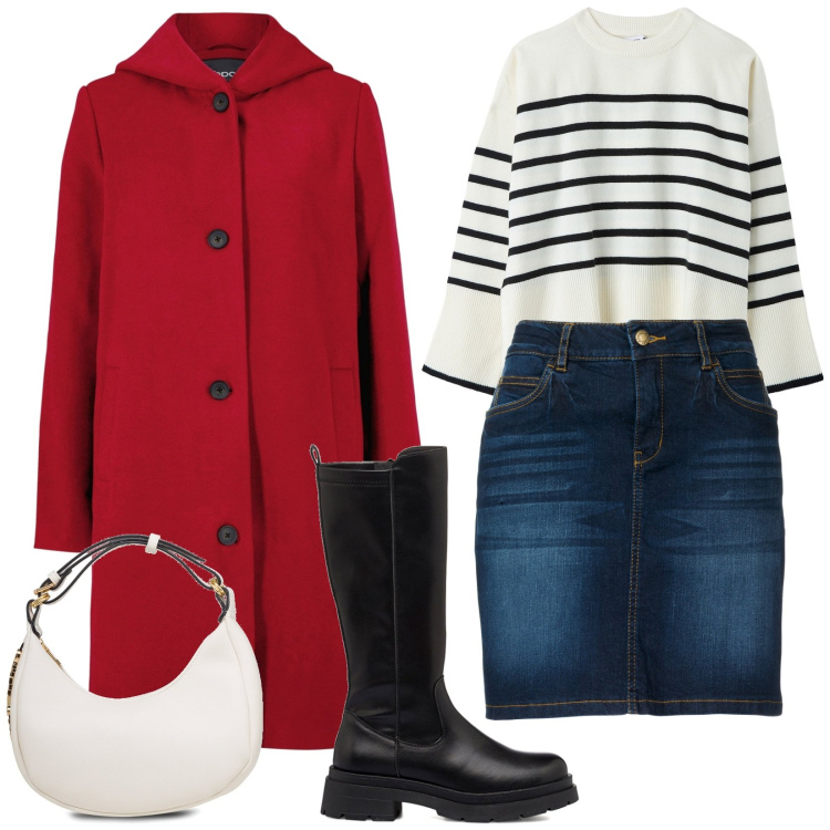 Outfit donna - La gonna di jeans. Stile Casual chic per Tutti i giorni. Abbinamento con gonne, cappotti, maglieria, borse a mano, stivali.