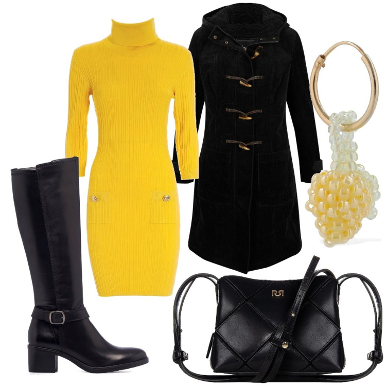 Outfit donna - L\'abito giallo. Stile Glamour per Serata fuori. Abbinamento con montgomery, borse a spalla, vestiti, stivali sopra il ginocchio, orecchini.
