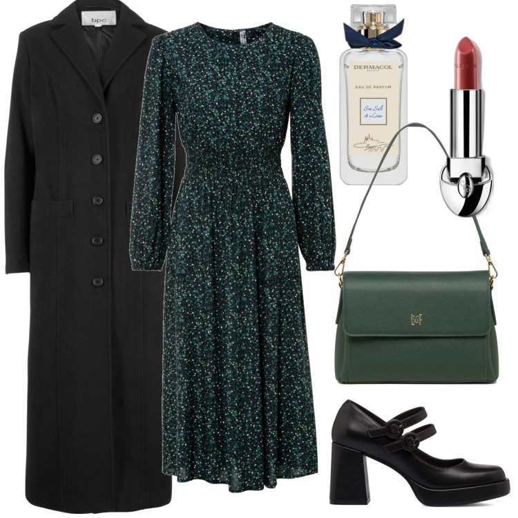 Outfit donna - Verde Inverno curvy low cost. Stile Preppy per Tutti i giorni. Abbinamento con vestiti midi/longuette, cappotti, profumi, rossetti, décolleté, borse a tracolla.