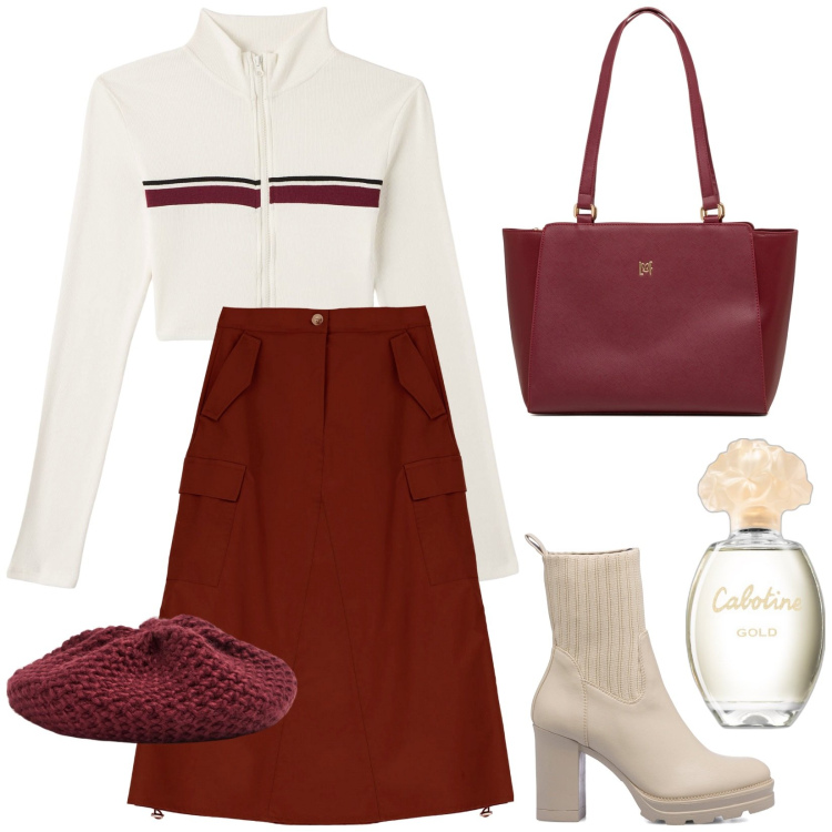 Outfit donna - Autunno low cost. Stile Casual chic per Tutti i giorni. Abbinamento con profumi, cappelli e berretti, t-shirt, gonne longuette, stivaletti, borse a spalla.