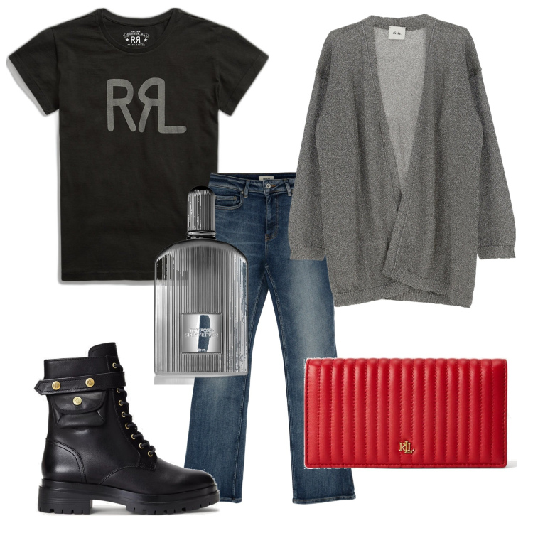 Outfit donna - Urban. Stile Urban per Tutti i giorni. Abbinamento con profumi, jeans dritti, cardigans, t-shirt, portafogli, stivaletti.