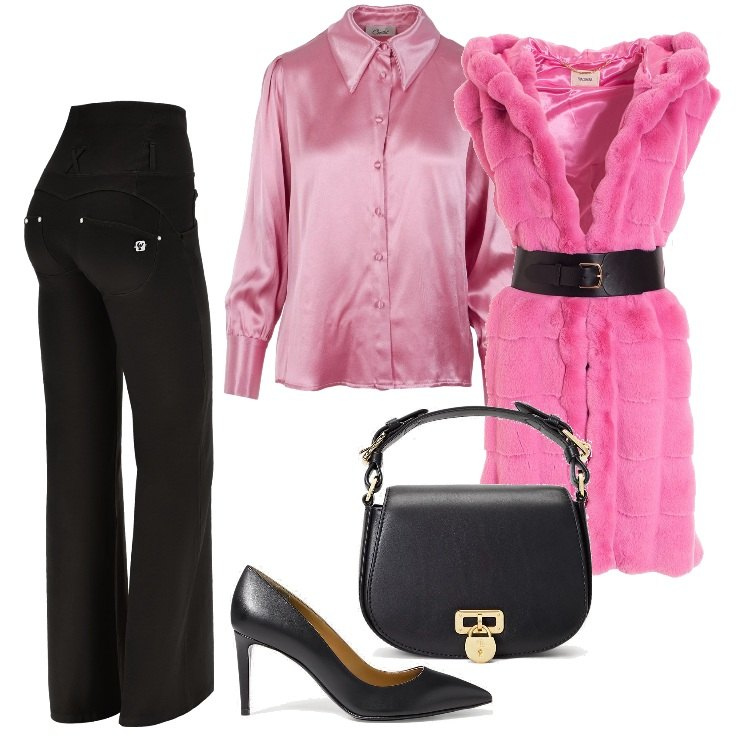Outfit donna - A pranzo con Lui. Stile Glamour per Serata fuori. Abbinamento con gilet, pantaloni, borse a tracolla, décolleté, camicie.