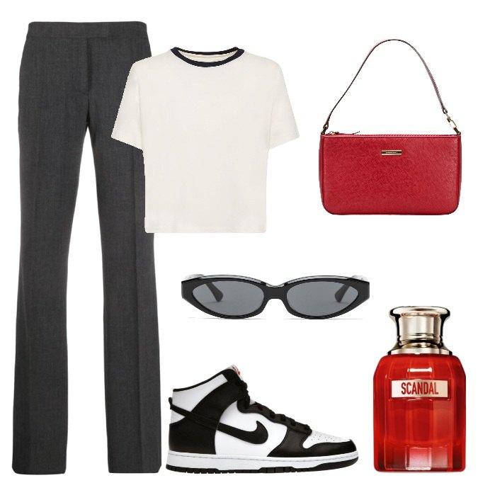 Outfit donna - Total look #1738771. Stile Trendy per Tutti i giorni. Abbinamento con sneakers alte, pantaloni, borse a mano, profumi, t-shirt, occhiali da sole.