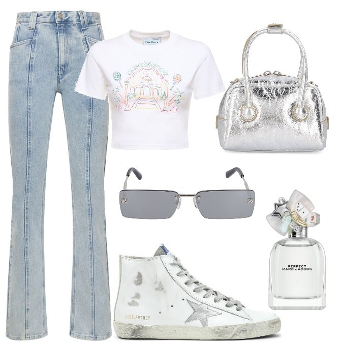 Outfit donna - Total look #1738778. Stile Trendy per Tutti i giorni. Abbinamento con profumi, pantaloni, sneakers alte, t-shirt, borse a mano, occhiali da sole.