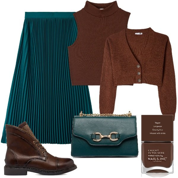 Outfit donna - Urban ottanio e castagna. Stile Urban per Tutti i giorni. Abbinamento con smalti, gonne longuette, top, cardigans, stivaletti, borse a tracolla.