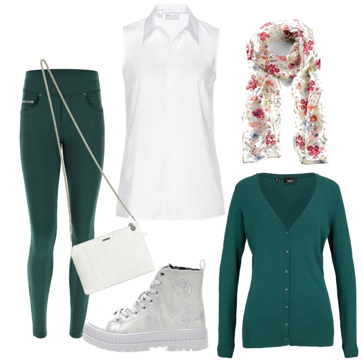 Outfit donna - La camicia passepartout. Stile Casual per Tutti i giorni. Abbinamento con foulard, camicie, cardigans, pantaloni skinny, clutch, stivaletti.