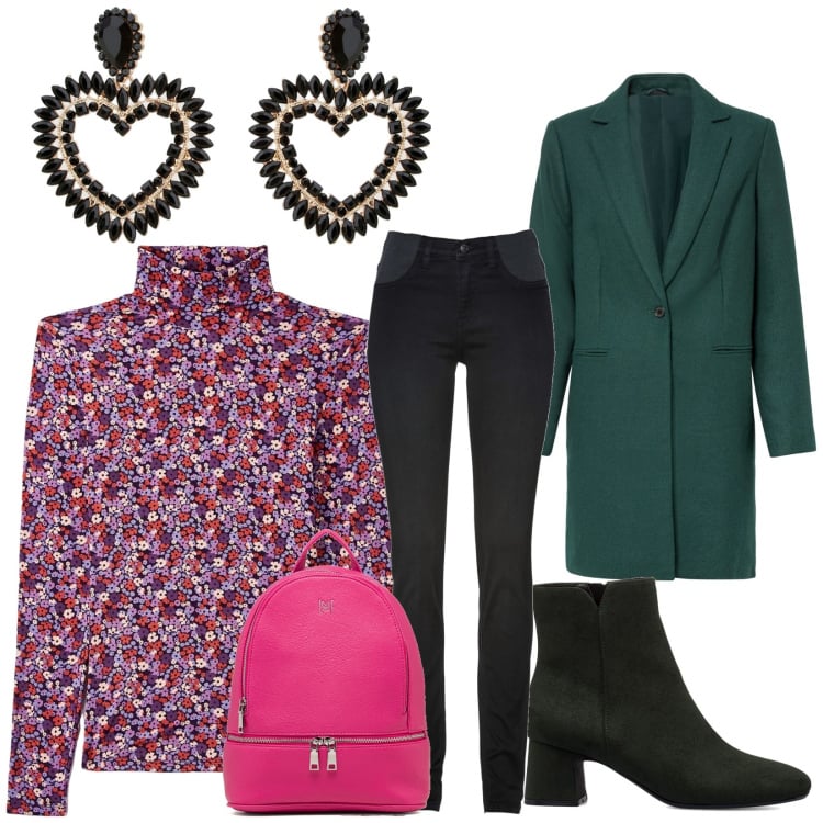 Outfit donna - Weekend a Parigi. Stile Casual chic per Ufficio. Abbinamento con jeans skinny, cappotti, t-shirt, orecchini, stivaletti, zaini.