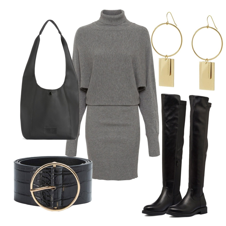 Outfit donna - Ghost outfitter - ottobre. Stile Casual per Tutti i giorni. Abbinamento con vestiti, cinture, borse a spalla, stivali sopra il ginocchio, orecchini.